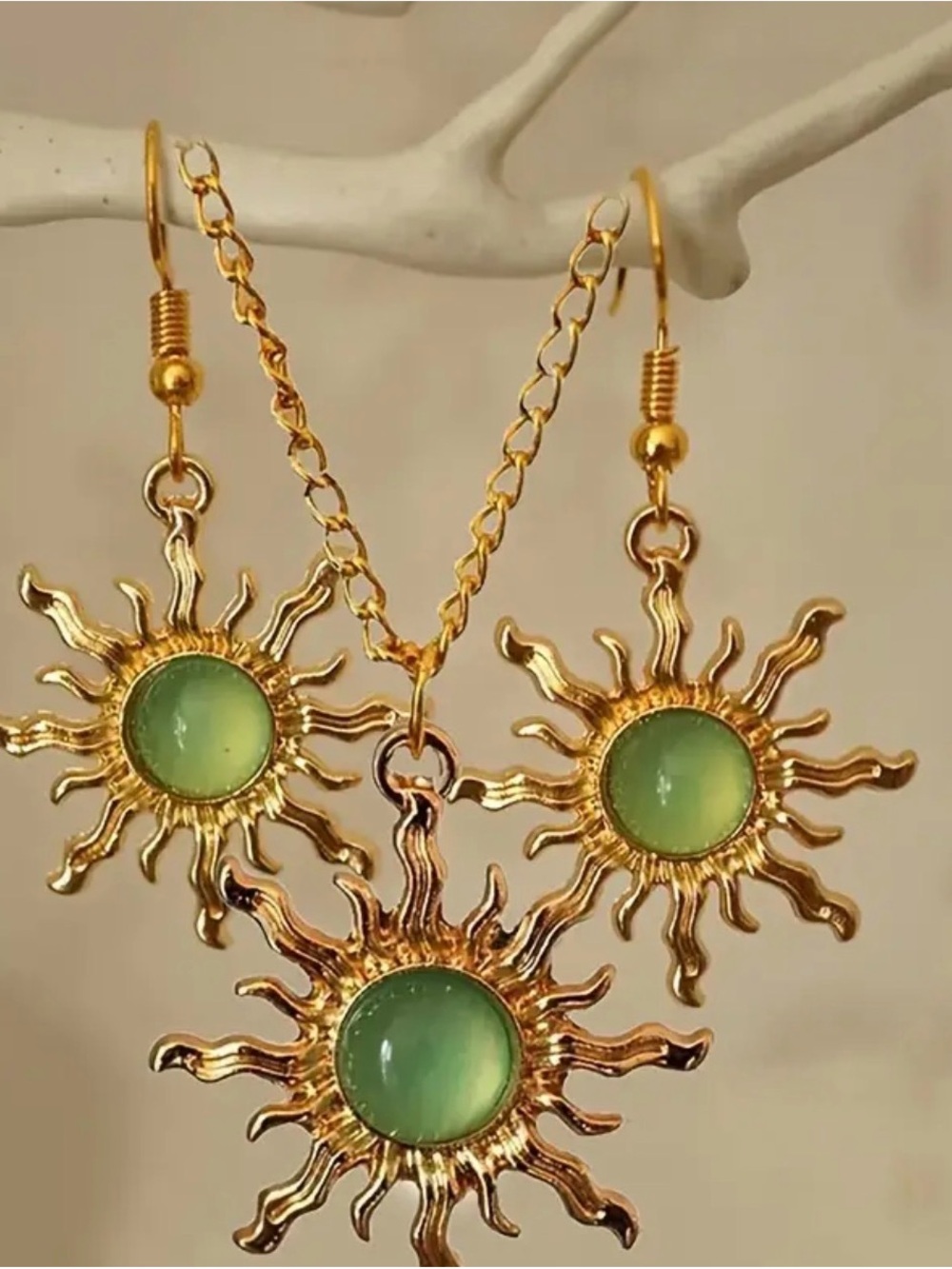 Gold Sunburst Necklace & Earring Set with Green Cabochon - Women Jewelry